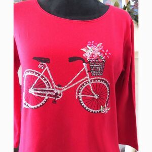 Karen Scott Women's Holiday T  Red Embellished   100% cotton Small EUC